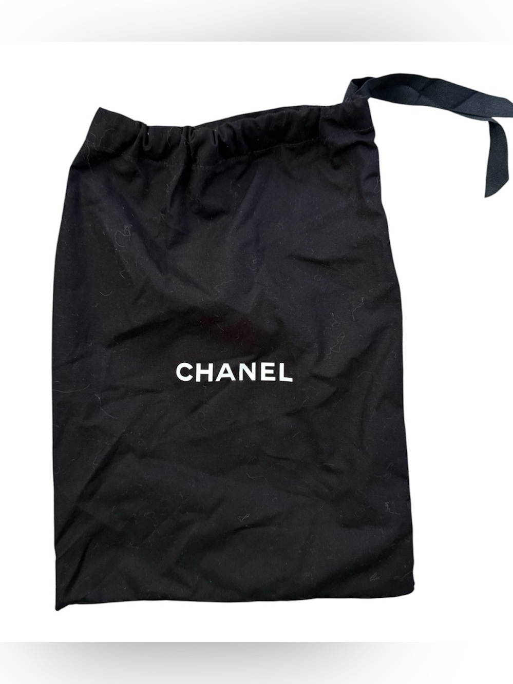 CHANEL Black Drawstring Dust Pouch White Logo Side Tie Small